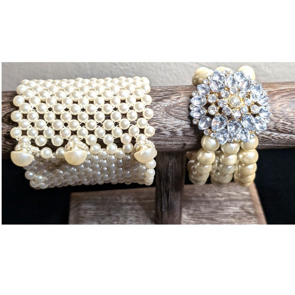 Lot of 2 Button Cuff Faux Pearl Bracelet & 3 Strand Rhinestone Stretch Bracelets